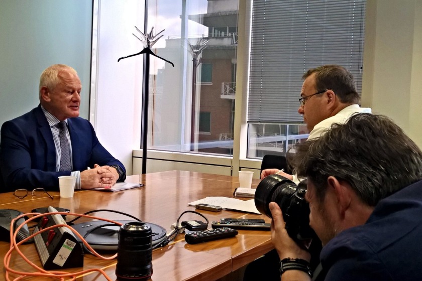 Allan Bell is interviewed by Financial Times reporter Andy Bounds during his London visit