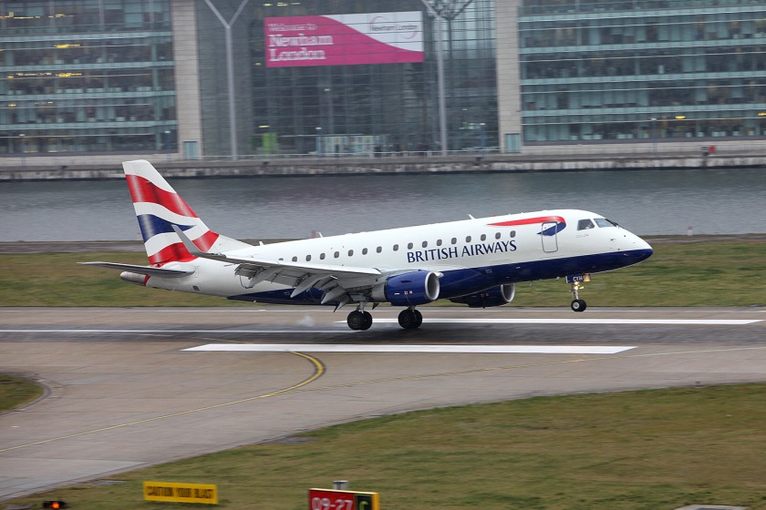 A BA  Embraer taking off from London City Airport