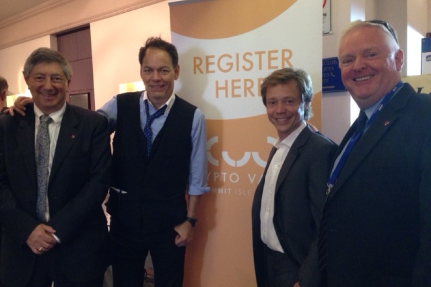 From left: DED's Peter Greenhill; director of e-Business development, financial war reporter for RT; Max Keiser, American digital currencies entrepreneur; Brock Pierce and Paul Davis; MD of Counting House