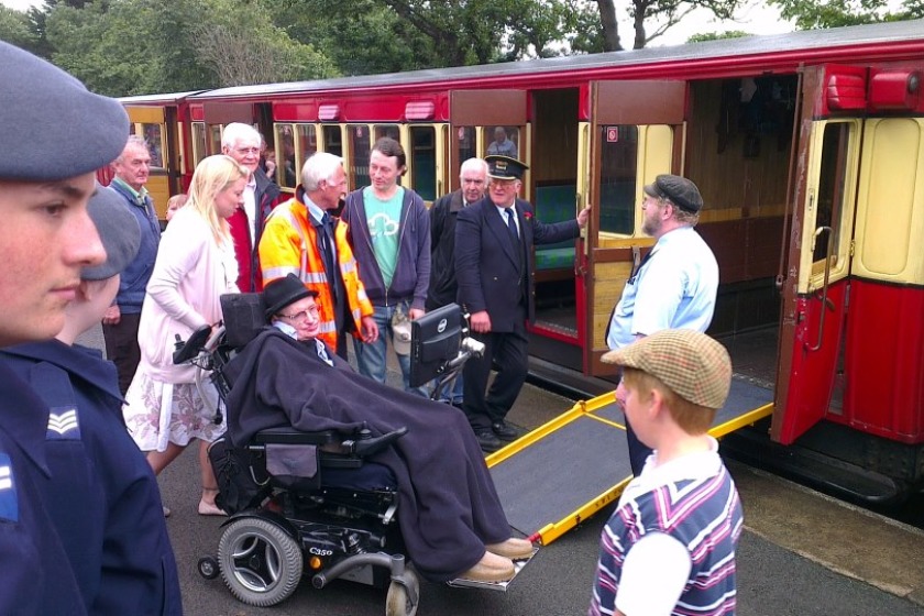 Professor Stephen Hawking at Port Erin Railway Station 