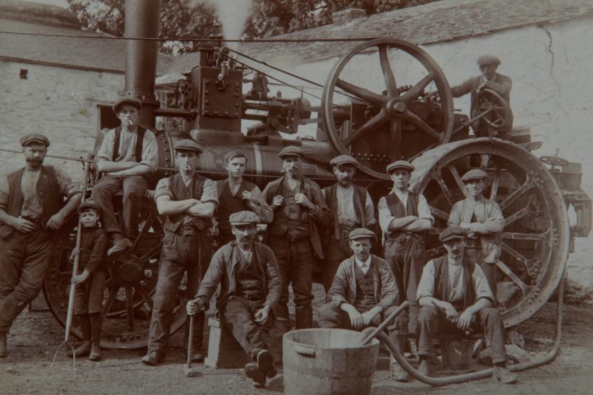 Threshing with steam at Larkhill Farm, Abbeylands, Onchan in 1917: A Clayton Shuttleworth threshing engine