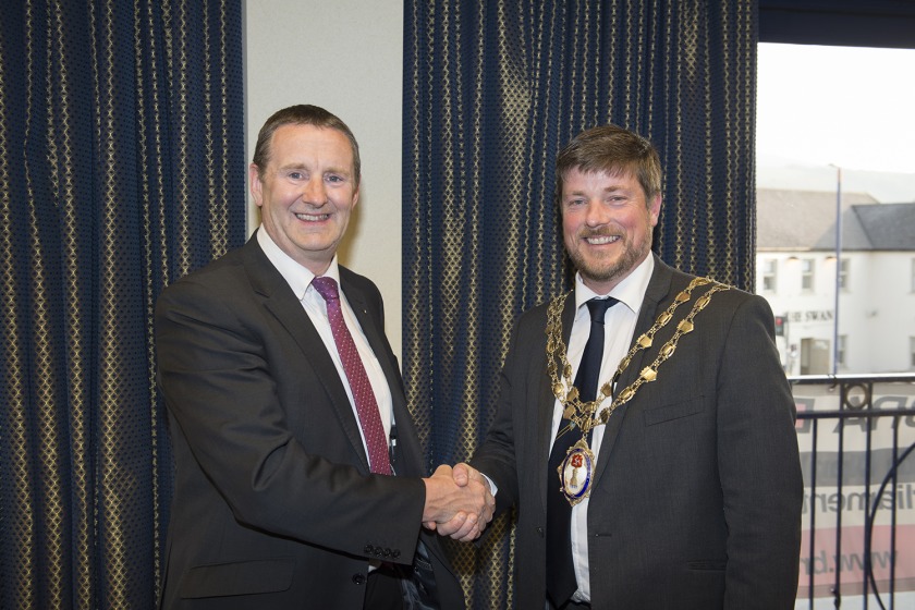 Andy Cowie is congratulated by Town Clerk Peter Whiteway after being re-elected as Chairman of Ramsey Town Commissioners.