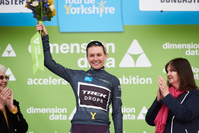 Anna Christian on the podium at this year's Tour de Yorkshire