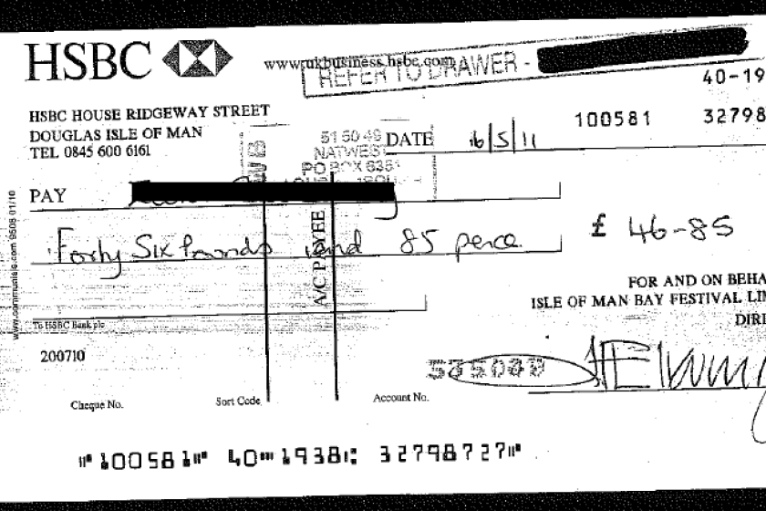 This picture shows an early refund cheque sent out by the Bay Festival and signed by Mr Irving.  The stamp from the bank shows that the cheque bounced