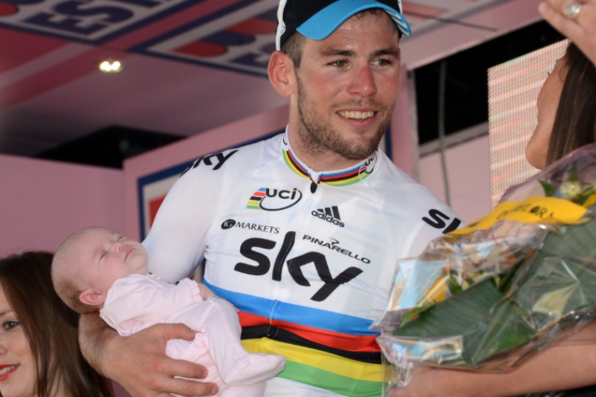 Mark Cavendish with daughter Delilah on the podium after stage 3 (picture courtesy of Team Sky) 