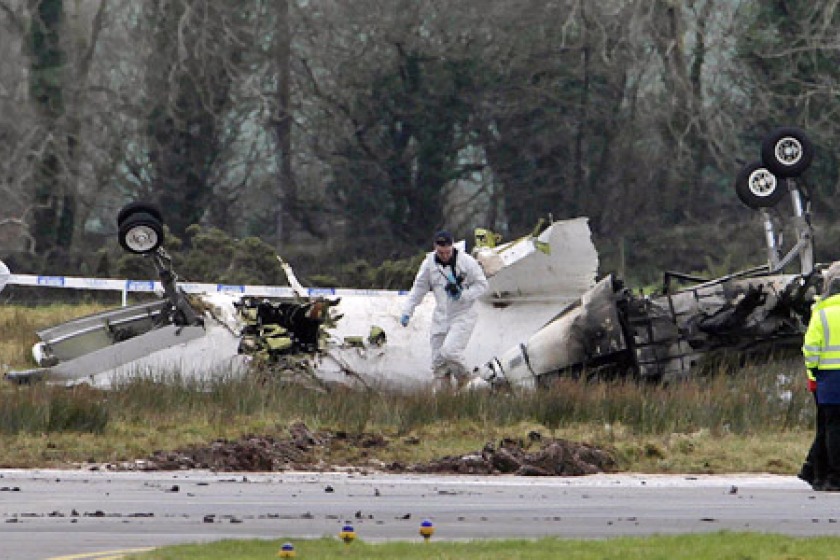 The wreckage of the Manx2 aircraft at Cork Airport (photo from Sky News)