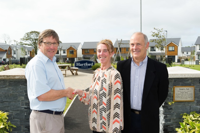 Hartford Homes site manager Keith Featherstone hands over Cronk Cullyn park to chairman of Arbory Commissioners Jane Glover and commissioner Adrian Cowin. 
