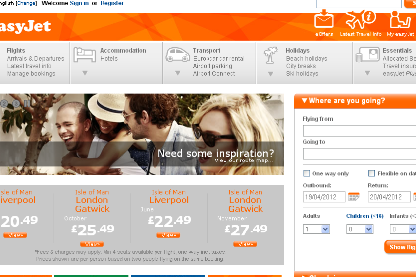 The easyJet website showing the Isle of Man - London Gatwick route will begin this autumn  