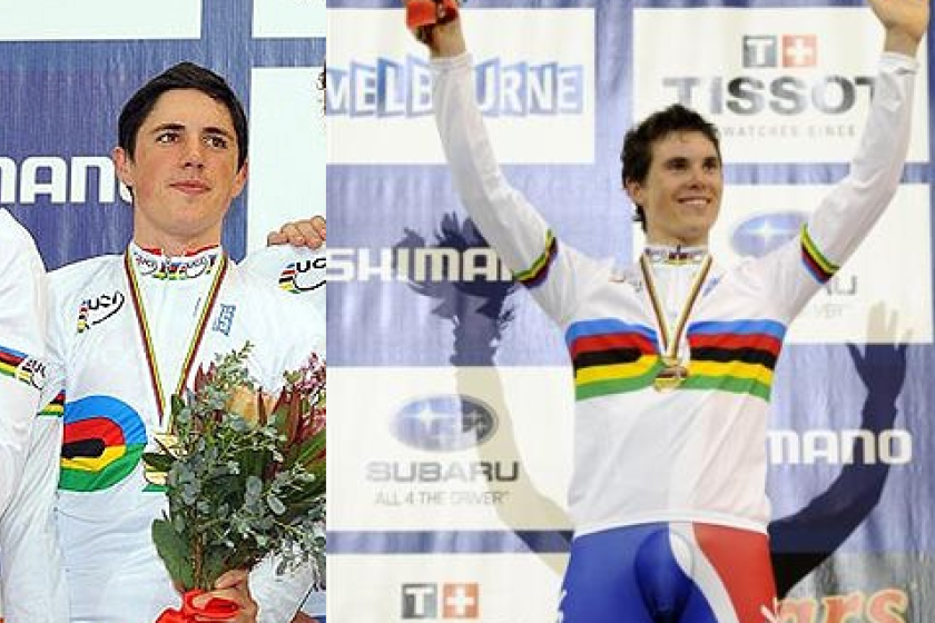 Peter Kennaugh and Ben Swift collecting their rainbow jersey