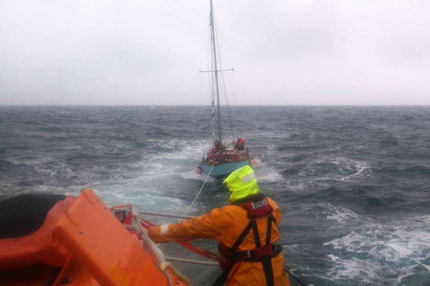 Douglas lifeboat crew tow the yacht back to safety [photo courtesy of RNLI/Mark Atherton]