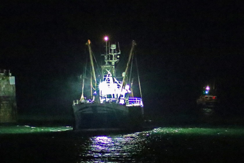 The fishing boat is escorted back to Douglas by the lifeboat (picture from RNLI/Michael Howland)