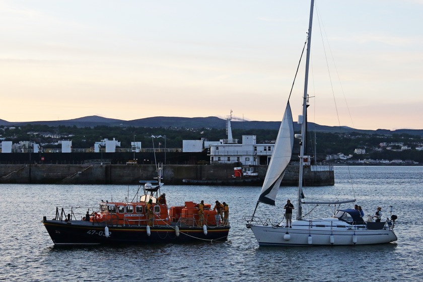 The yacht is towed back into Douglas (photo by RNLI/Michael Howland)