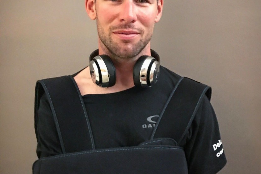 Team Dimension Data shared a picture of Cavendish with his shoulder strapped up after announcing his withdrawal from the Tour.