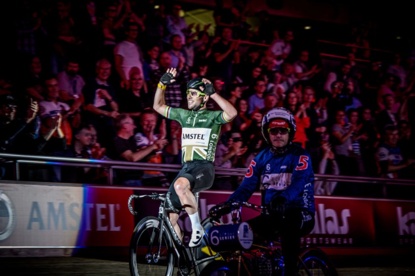 Mark Cavendish winning one of the derny races at the 2017 Six Day London cycling event.