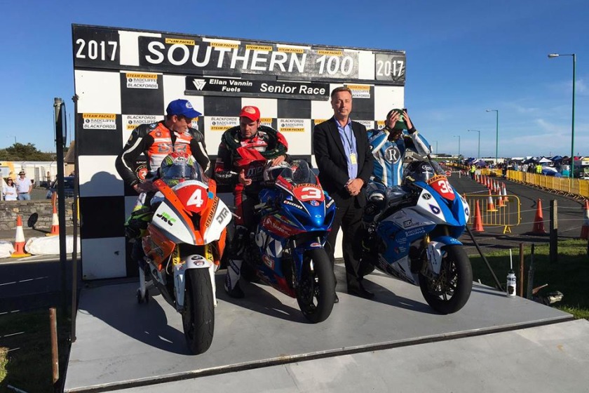 Michael Dunlop with Dan Kneen and Jamie Coward on the podium for the Senior Race at the Southern 100