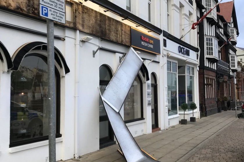 A large sign was brought down by the winds on North Quay in Douglas