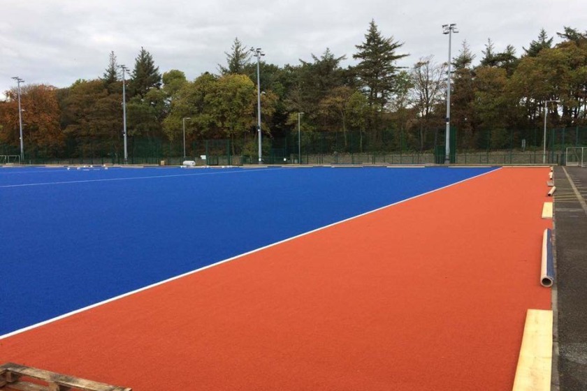 The new blue artificial turf was installed earlier this month