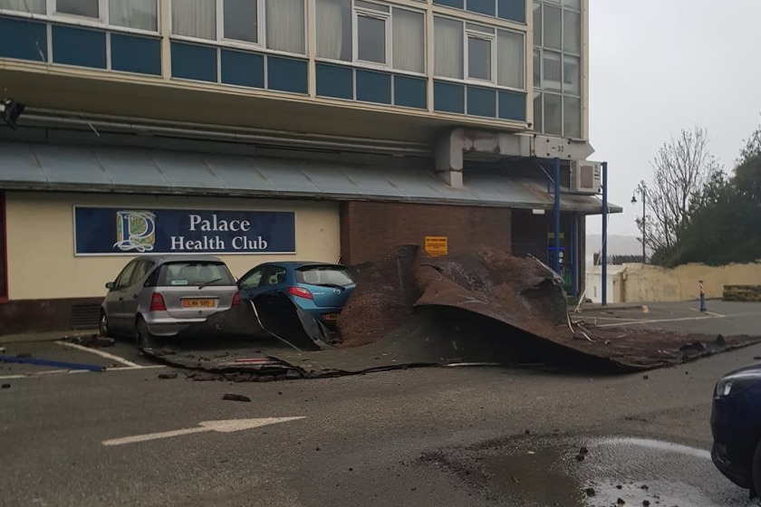 Part of the roof of the Palace Hotel ended up in the hotel's car park.