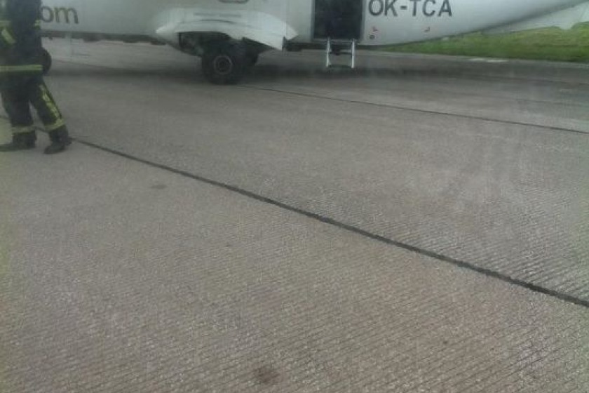 The Let-410 aircraft pictured at Blackpool Airport after suffering a burst tyre on landing
