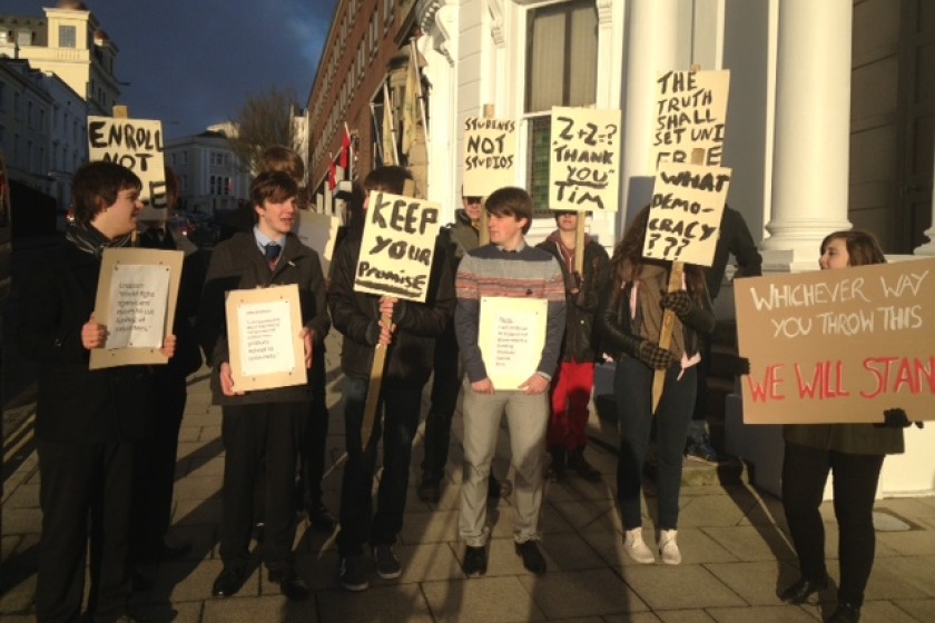 Students protested outside Tynwald yesterday