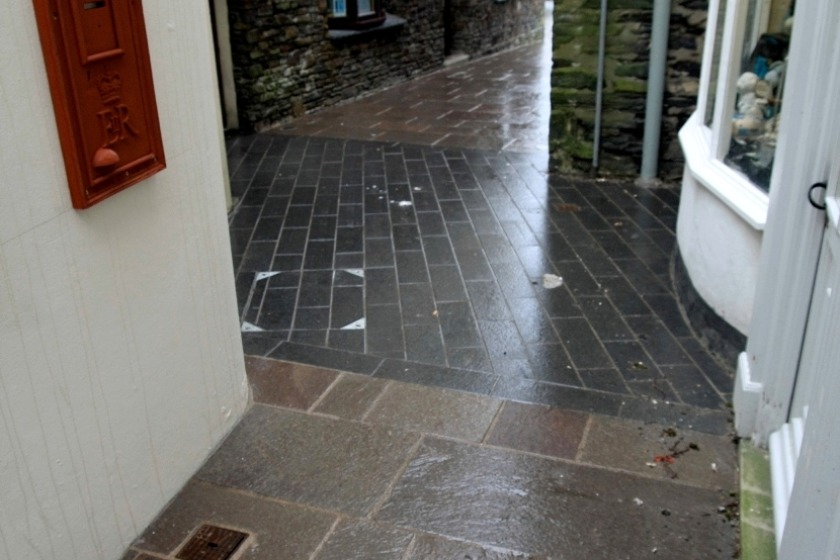 New paving slabs and uplighters in The Lanes in Ramsey