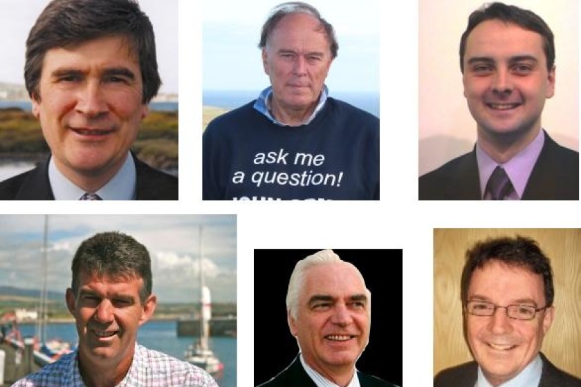 The candidates for Rushen; Phil Gawne (top left), John Orme (top centre), Juan Watterson (top right), Laurence Skelly (bottom left), David Jones (bottom centre), Quintin Gill (bottom right) 