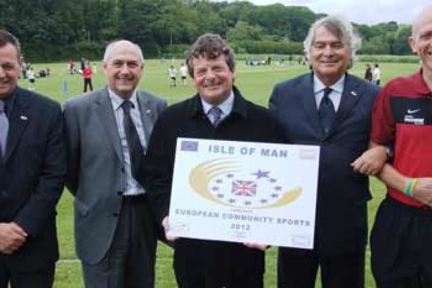 From left to right: Deputy European President of Aces john Swanson, Director of Leisure at DCCL Mike Ball, DCCL Minister David Cretney MHK, ACES President Gian Francesco Lupattelli and Sport Development Officer Gianni Epifani