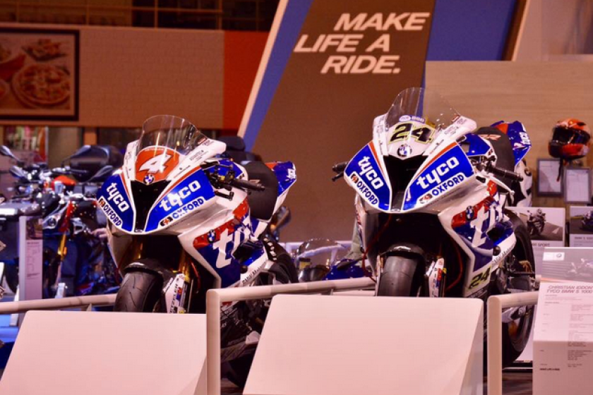 Ian Hutchinson's Superstock bike (left) on display at the NEC in Birmingham shortly before it was stolen