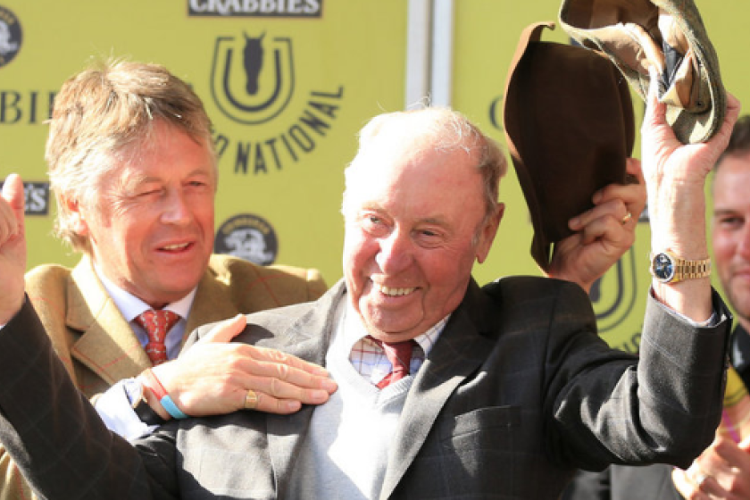Isle of Man-based businessman Trevor Hemmings celebrates winning the 2015 Grand National with Many Clouds (picture from Sky Sports)