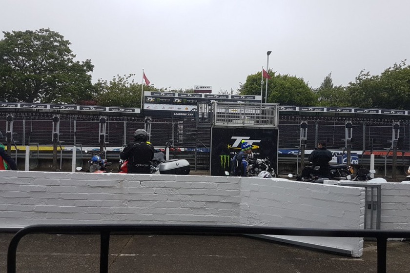 Grey skies over the TT Grandstand this afternoon.